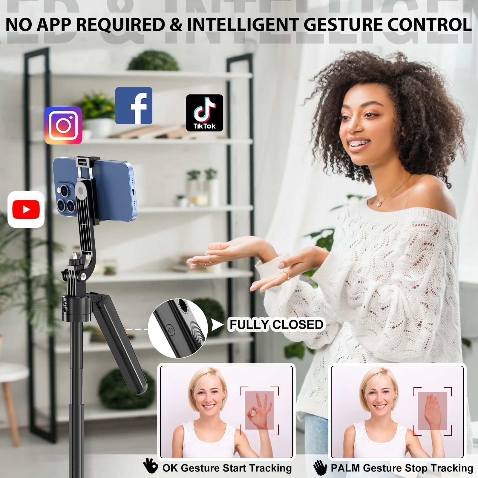 360 Face Tracking Tripod with Smart AI Gesture Control for Phone Camera