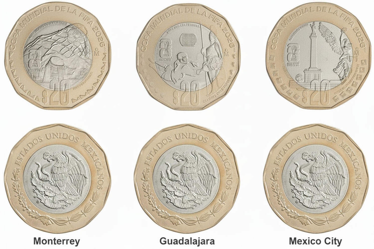 Mexico World Cup Set 3 x 20 Pesos 2026 UNC—All 3 Cities—Mexico City—Guadalajara—