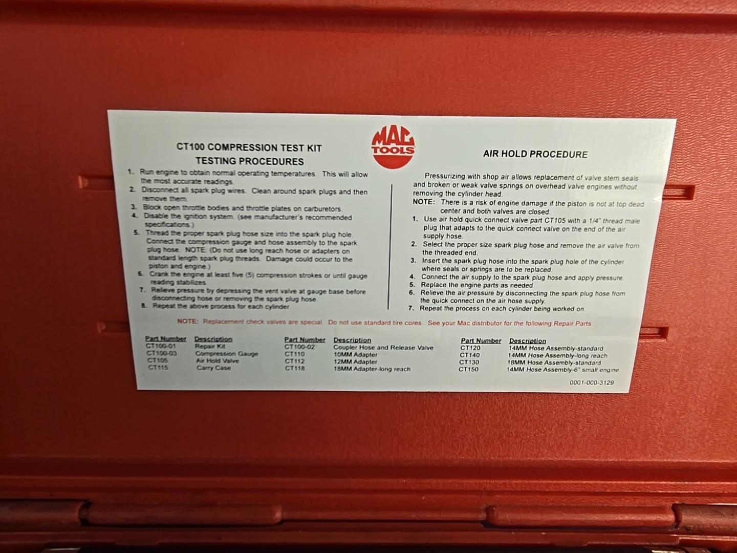 MAC TOOLS CT-100 Compression Test Kit w/ Case Free Shipping
