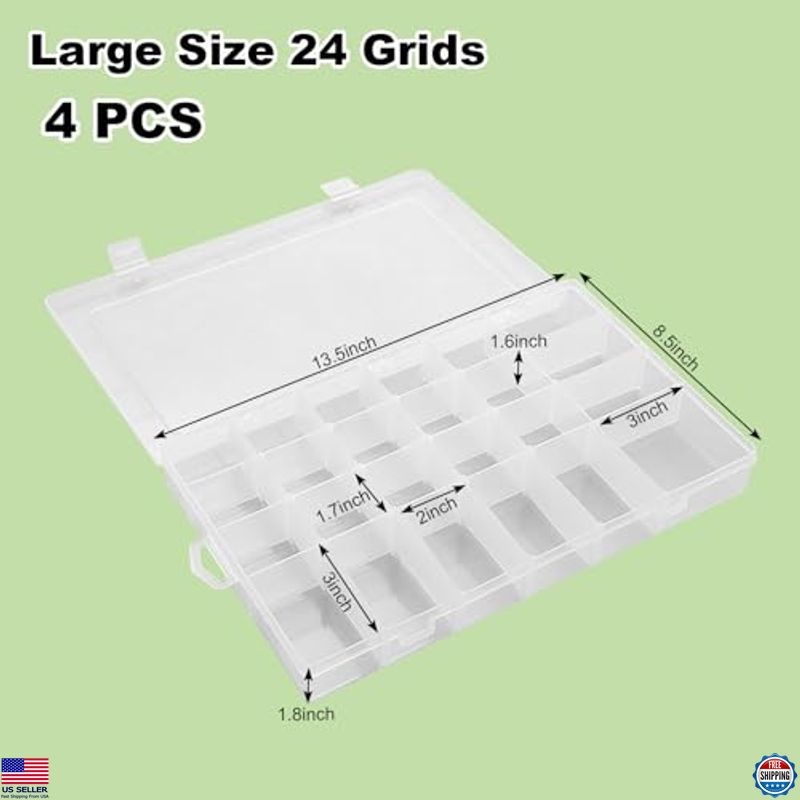 4 Pack Large Clear Plastic Organizer Box, 24 Grids with Adjustable Dividers,