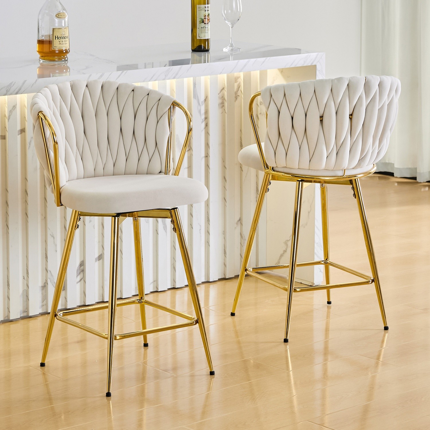 Swivel Bar Stools Set of 2 Velvet Braided w/ Gold Metal Frame for Kitchen Island