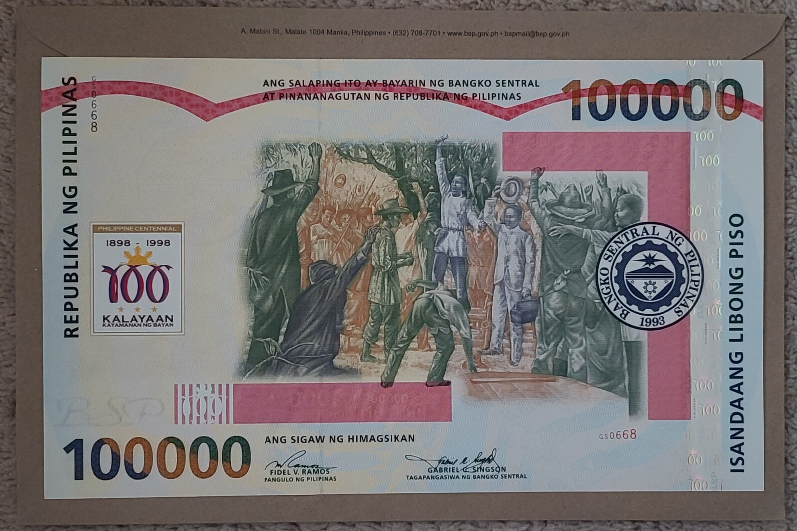 Philippines 100000 Piso 1998 P190 UNC / Commemorative w/ COA & envelope
