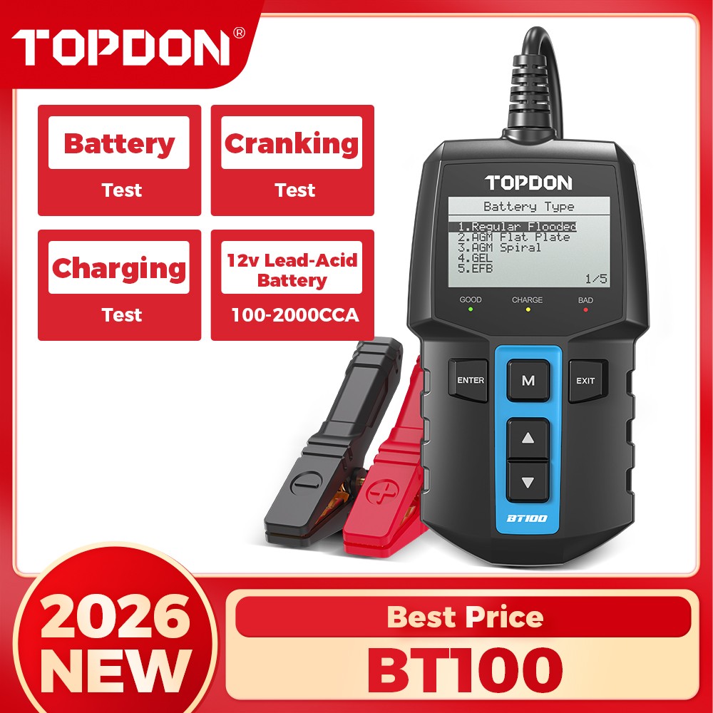 2026 TOPDON BT100 12V/24V Car Battery Tester Load Charging System Analyzer Tool