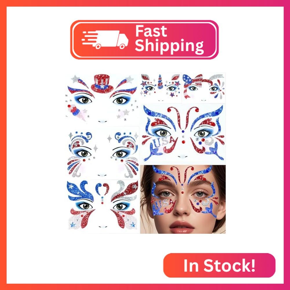 Yosca 6Pcs 4th of July Temporary Tattoos, Patriotic Glitter Face Stickers