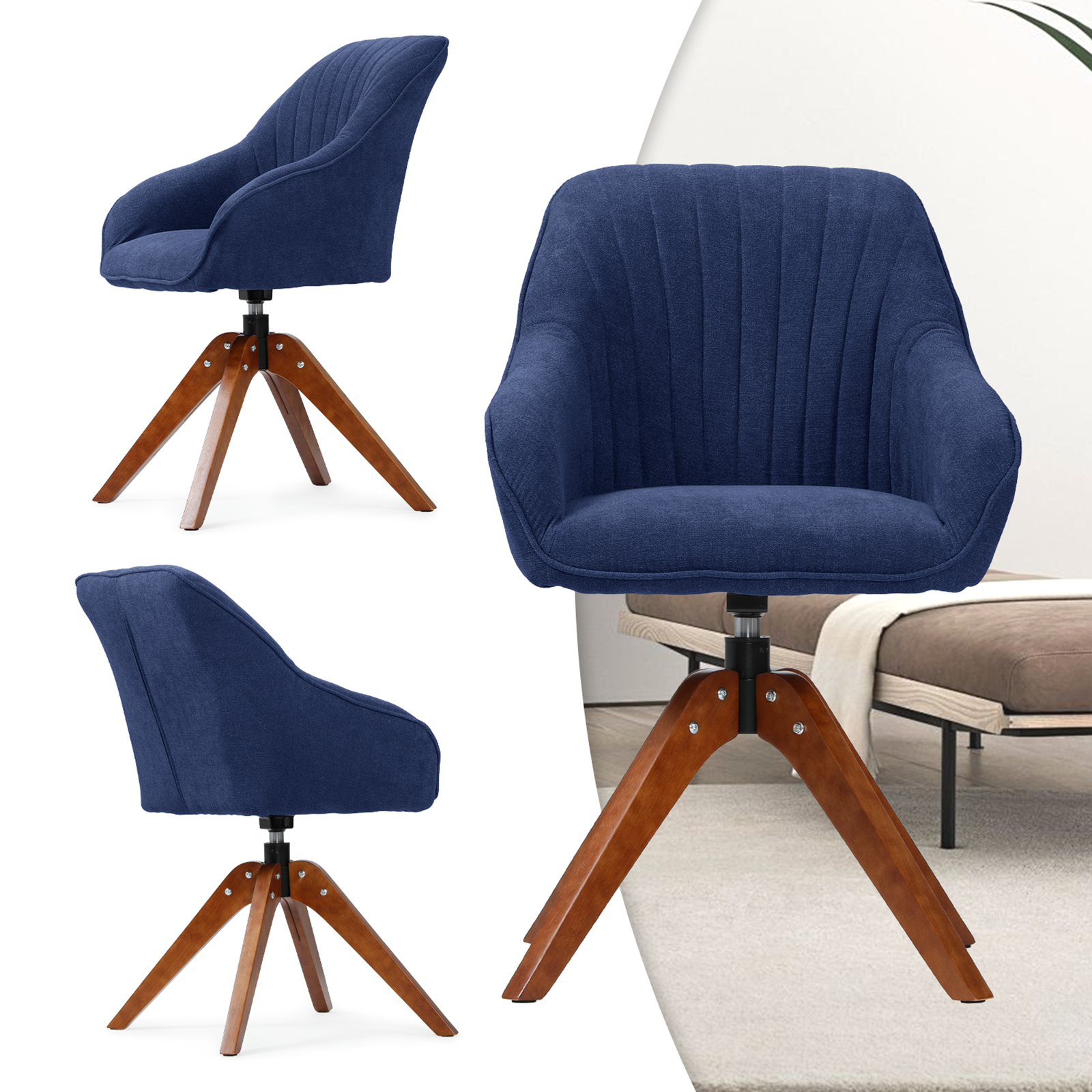 Swivel Accent Chair Modern Home Office Upholstered Armchair Wood Legs Navy Blue