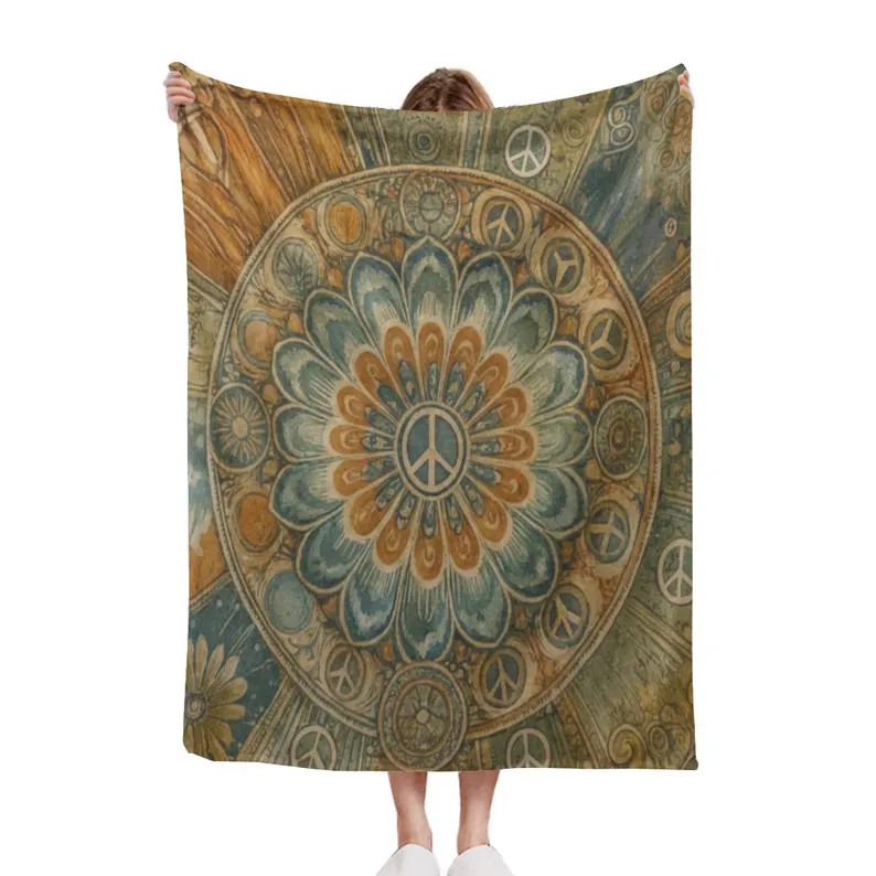 Mandala Peace Sign Blanket Boho Hippie Throw