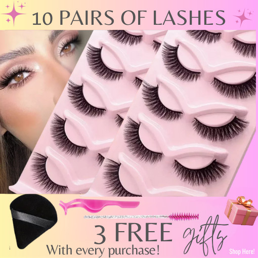 10 Pairs Faux Mink Lashes - Fluffy Cat Eye & Natural + 3 Free Gifts