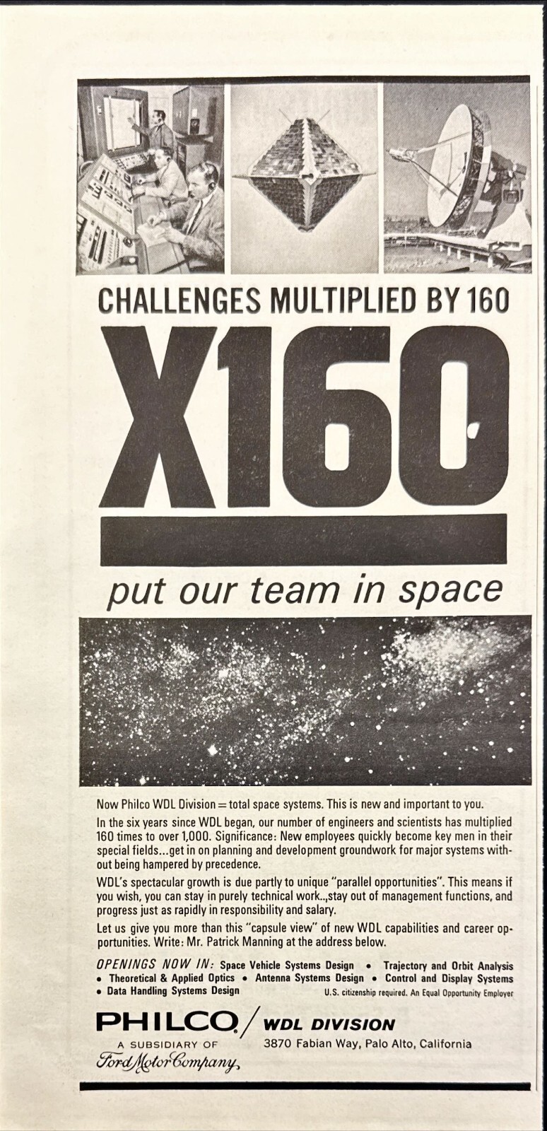 Philco WDL Division Space Systems Palo Alto CA Vintage Print Ad 1963