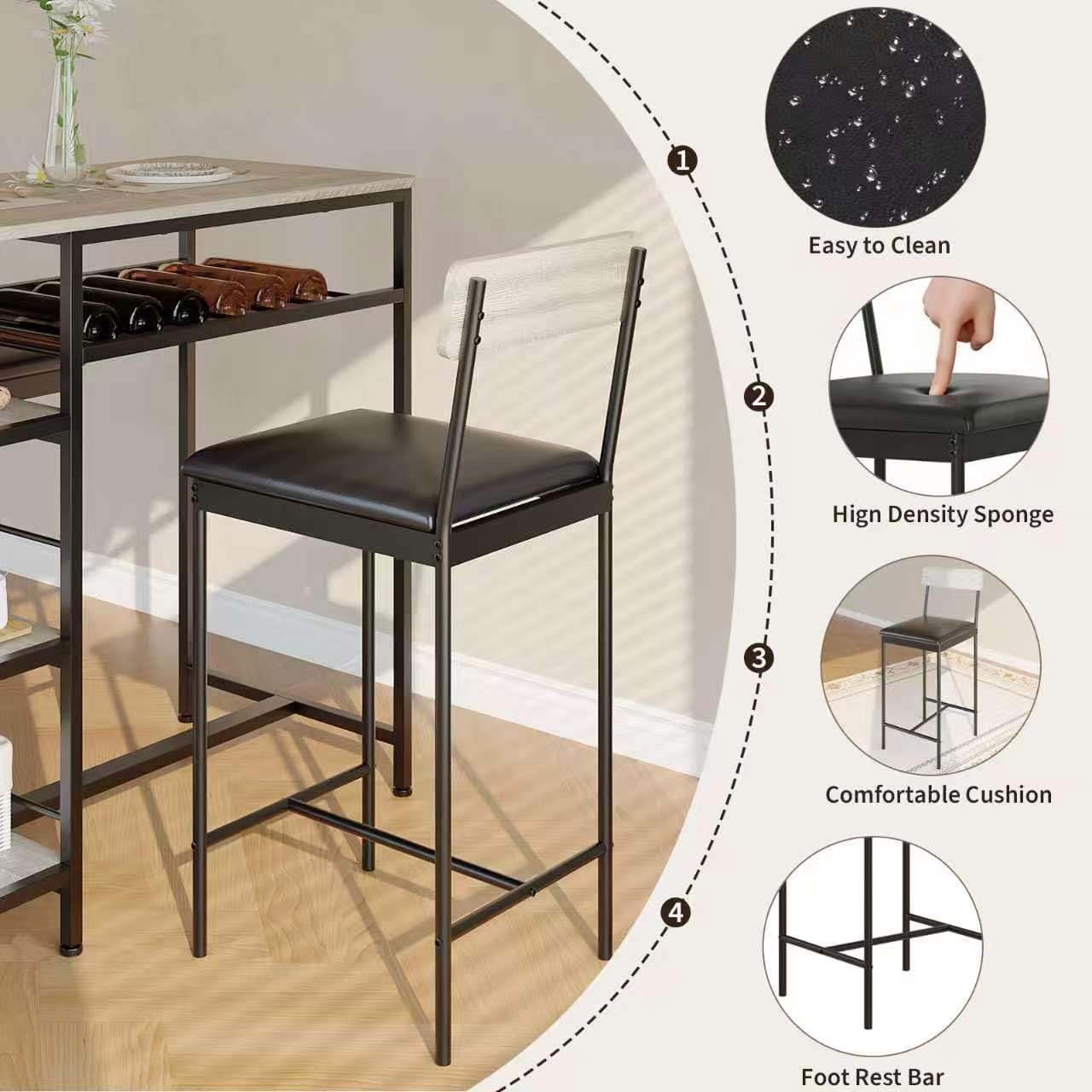 3-Piece Dining Table Set w/ Upholstered Bar Stool Wine Rack Kitchen Dining Room