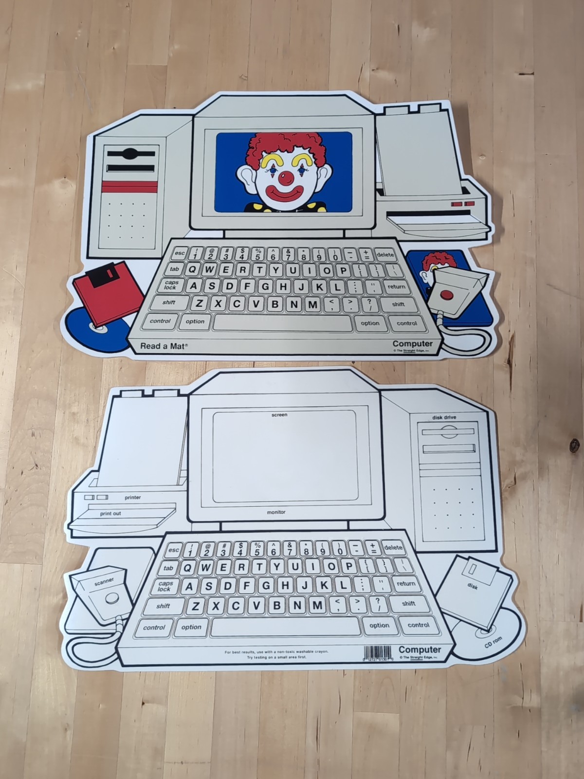 Vtg. Read A Mat Learn Computers Placemat w/ Clown Disk Drive, Double-Sided *Rare