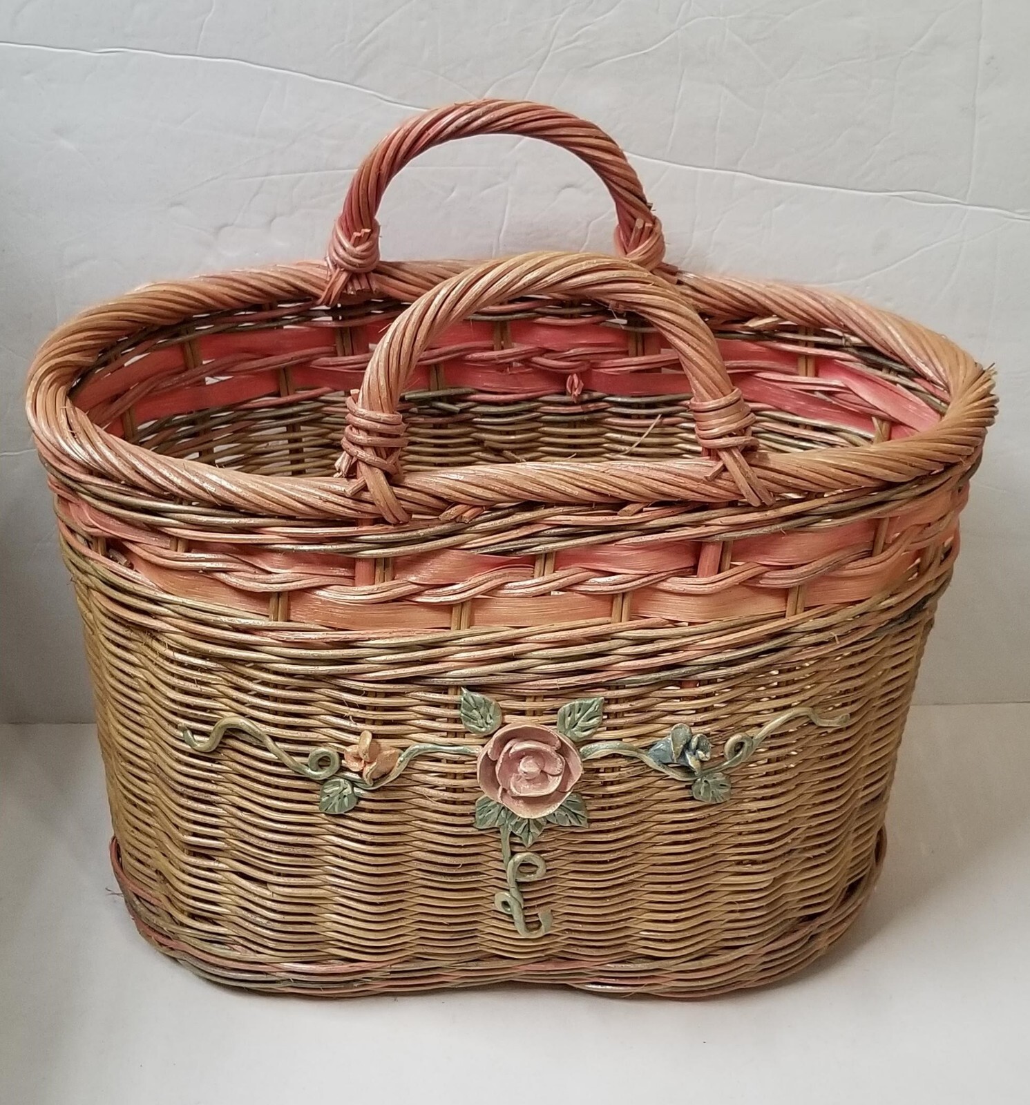 Wicker Basket Philippines Beach Shopping Towel Tote 16x8 Rose Cottage Floral