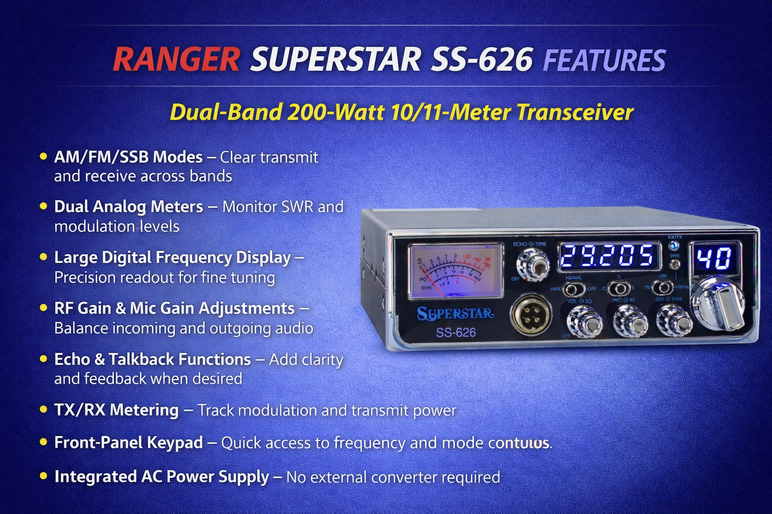 Ranger SuperStar SS‑626 10 Meter Radio 45W AM Echo Talkback Compact Size