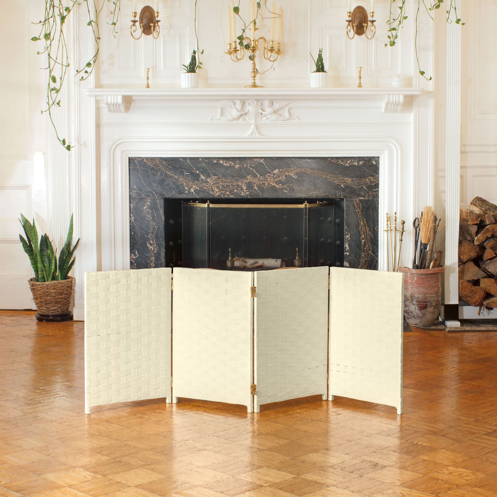 2 ft. Short Woven Fiber Folding Screen - 4 Panel - Cream