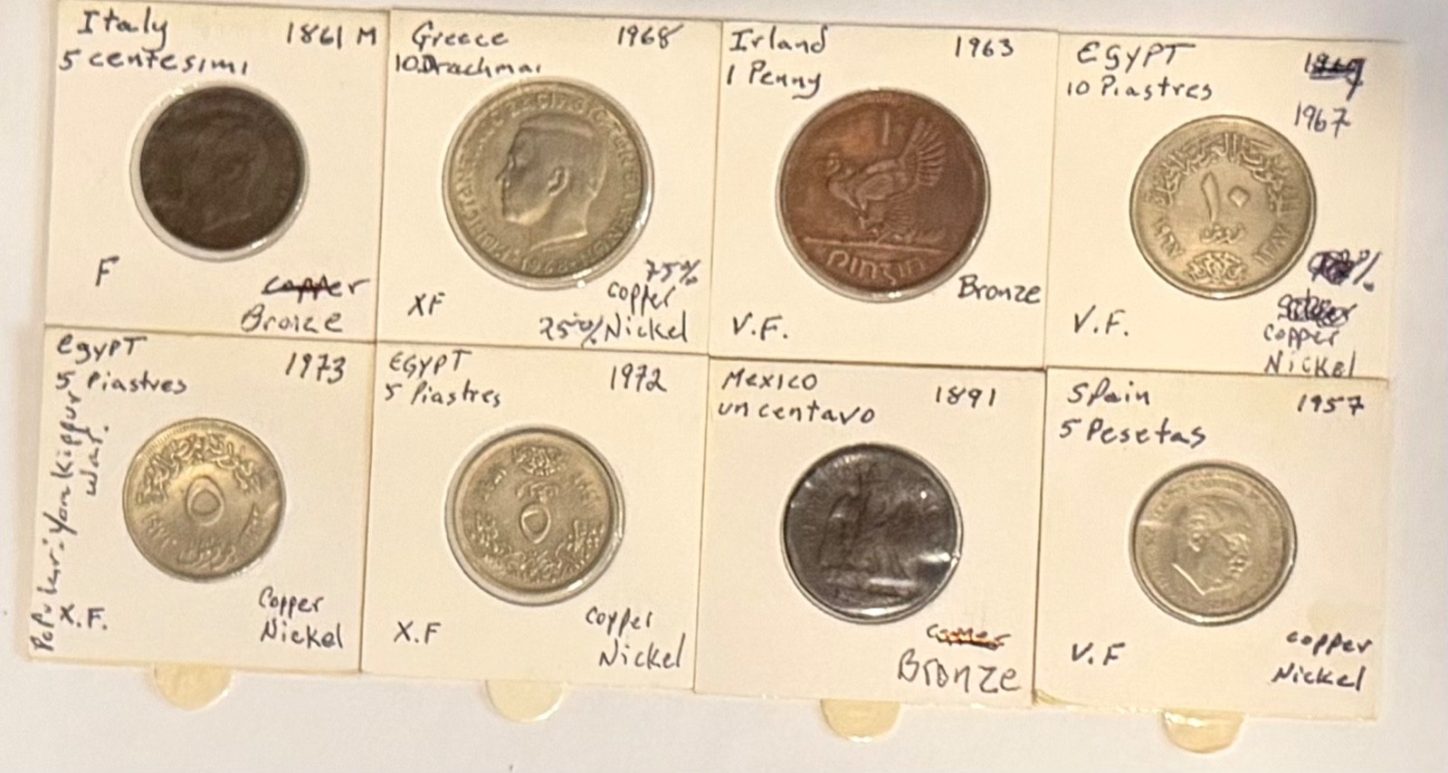 Lot 9 World coins, Mexico 1891, Ireland 1963, Italy 1861M, Greece 1968, Spain 57