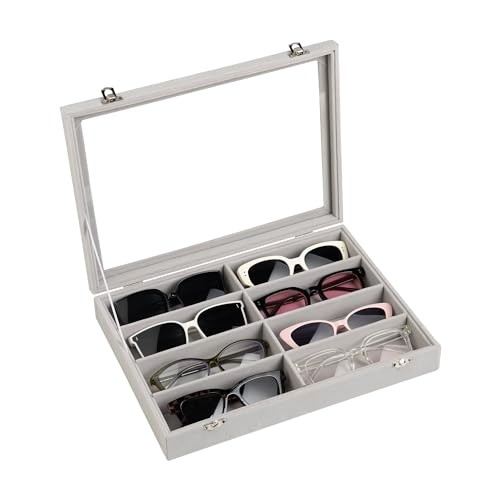 Sunglass Organizer,Velvet Glasses Organizer,8-Slot Sunglasses Grey With Lid