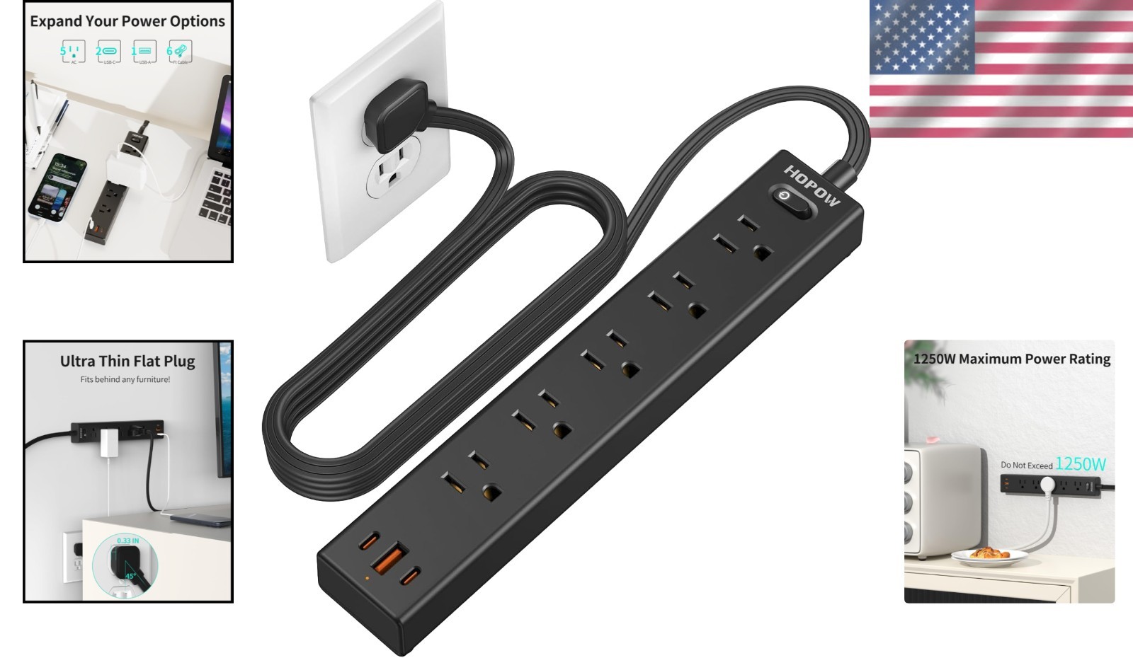 Slim 6 Ft Flat Plug Power Strip with 5 Outlets & 3 USB Ports - Surge Protected