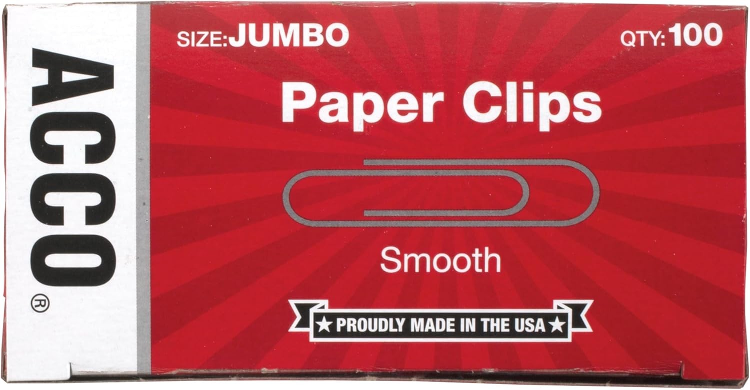 ACCO Paper Clips, Jumbo, Smooth, 100 Clips/Box, 100 Count (Pack of 1), Silver