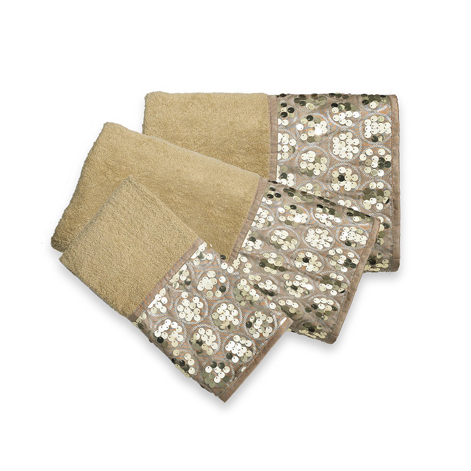Popular Bath Sinatra 3 Piece Bath, Hand, Wash Cloth Set, Champagne Gold Sequins