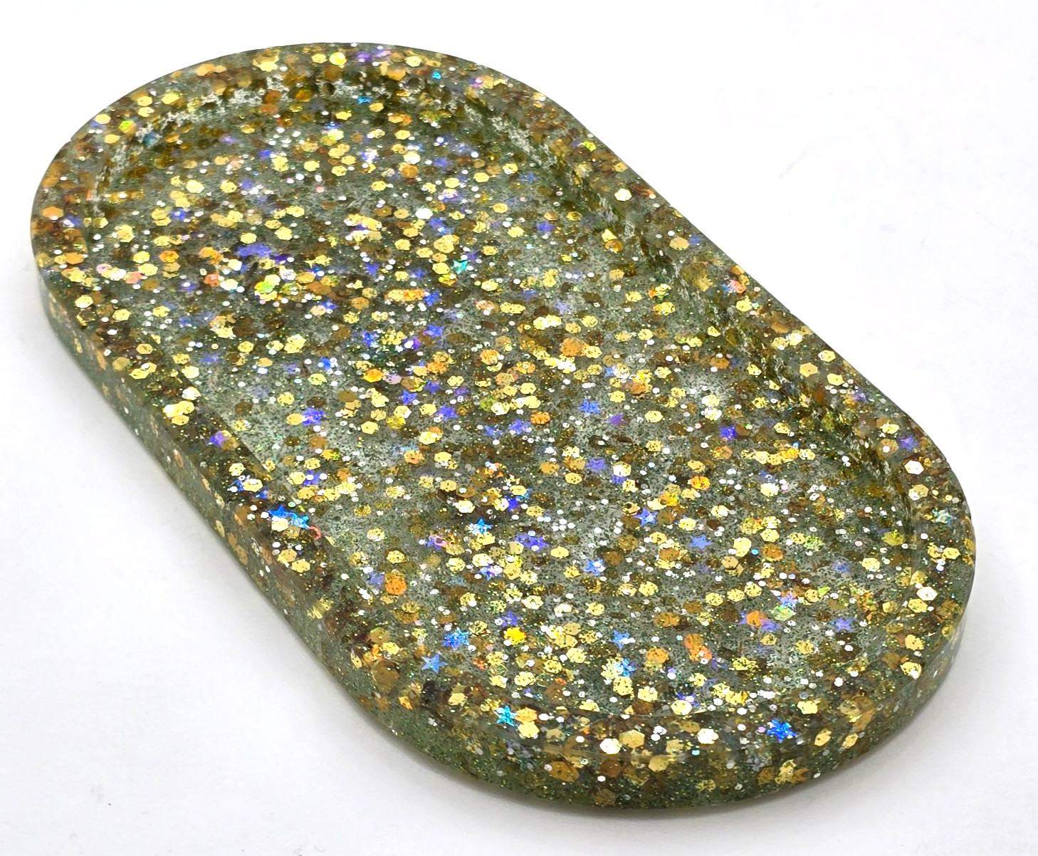 Handmade Resin Oval Trinket Tray Gold Holographic Glitter Jewelry Dish 7.75"