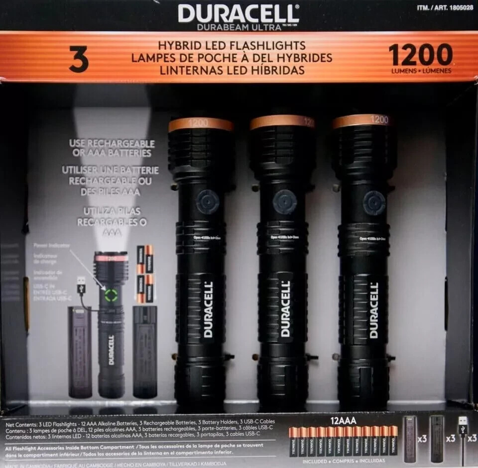 3 Pack Duracell LED Flashlights 1200 Lumens Rechargeable or AAA USB-C Cables NEW