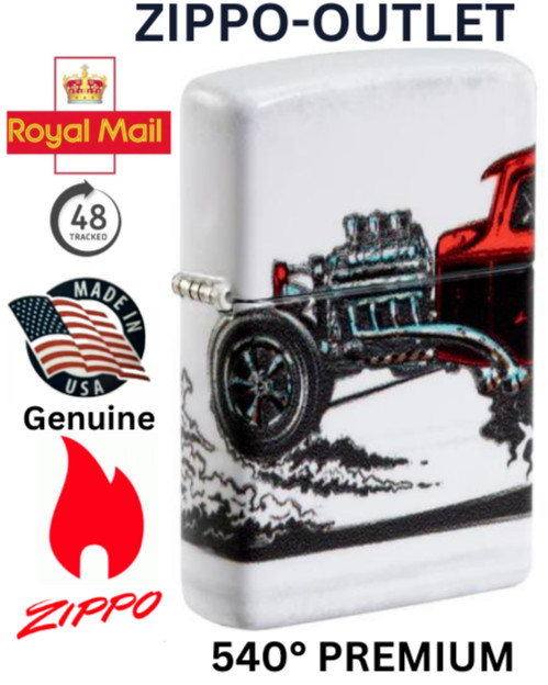 Genuine Brand New ZIPPO Lighter HOT ROD DRAGSTER Matte White 540 Allround Design