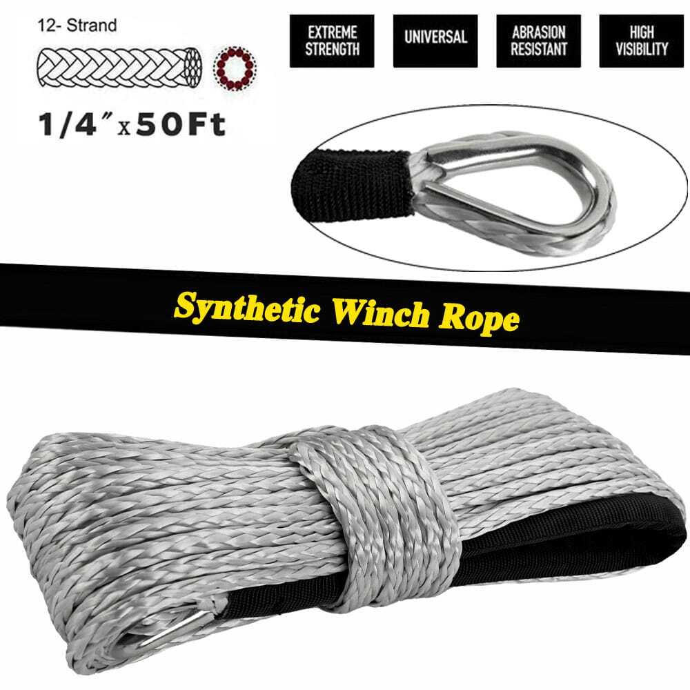 1/4"x50' 10000LBS Synthetic Winch Rope Line Recovery Cable 4WD ATV w/Sheath Gray
