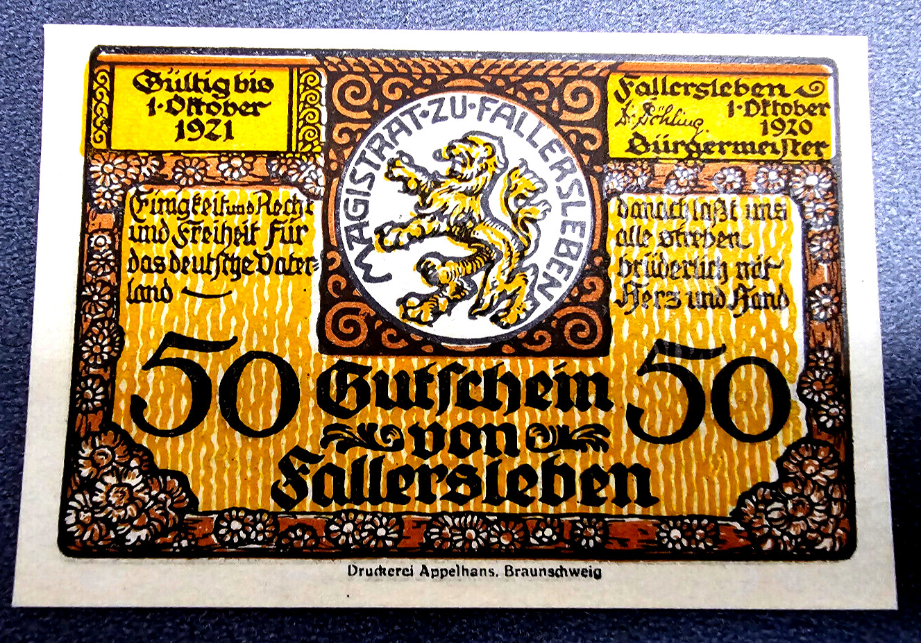 FALLERSLEBEN NOTGELD 50 PFENNIG 1920 EMERGENCY MONEY GERMANY BANKNOTE (33036)