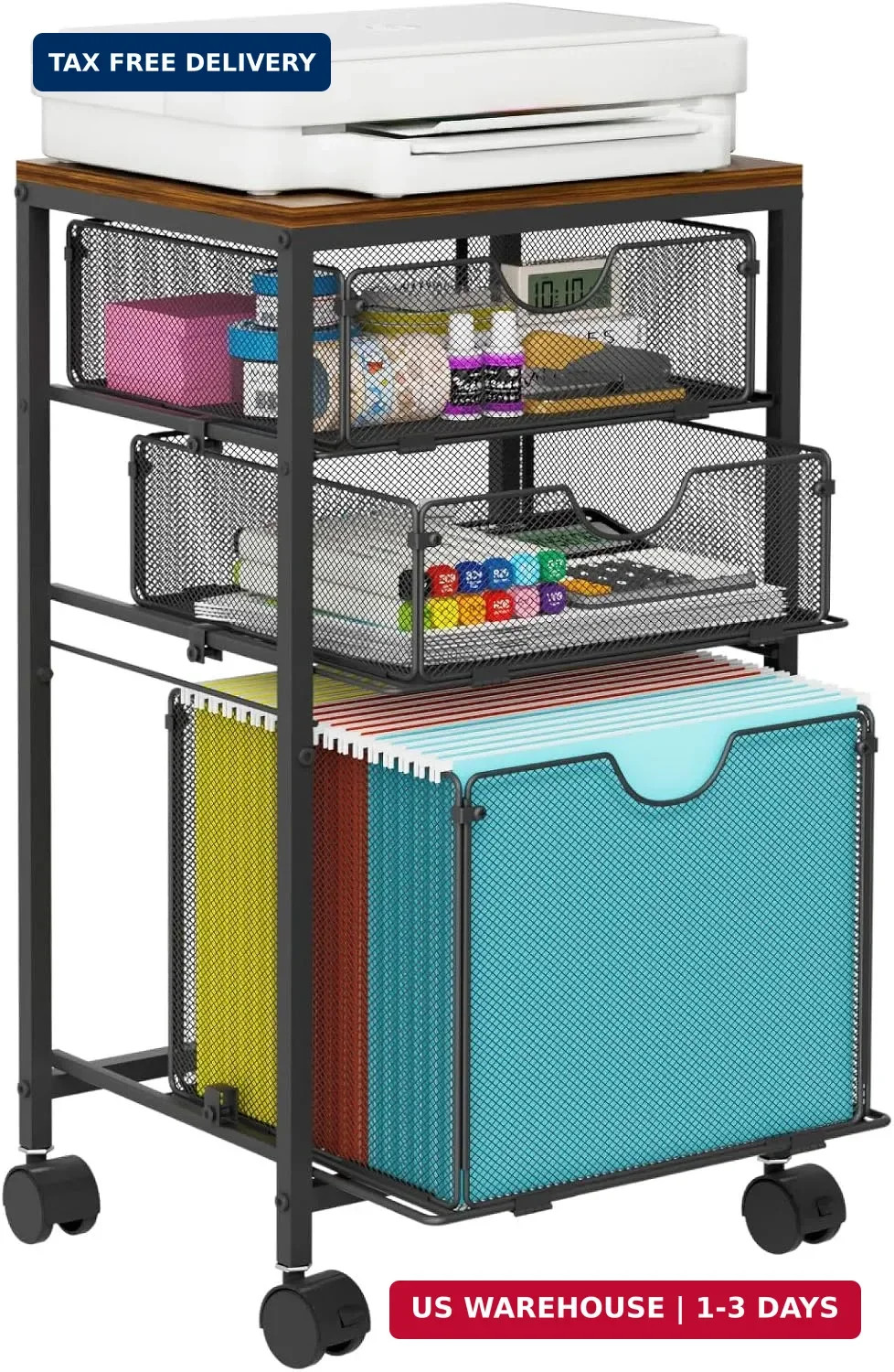 Rolling File Cart with 3 Storage Drawers, Wood & Mesh Hanging File Folder