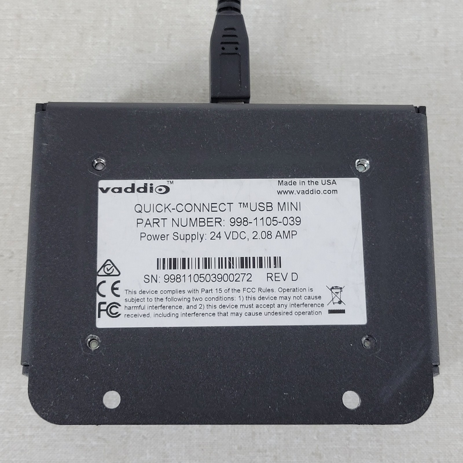 VADDIO 9981105039 Quick-Connect USB Mini, 24V DC, USB Type-A To Type-B