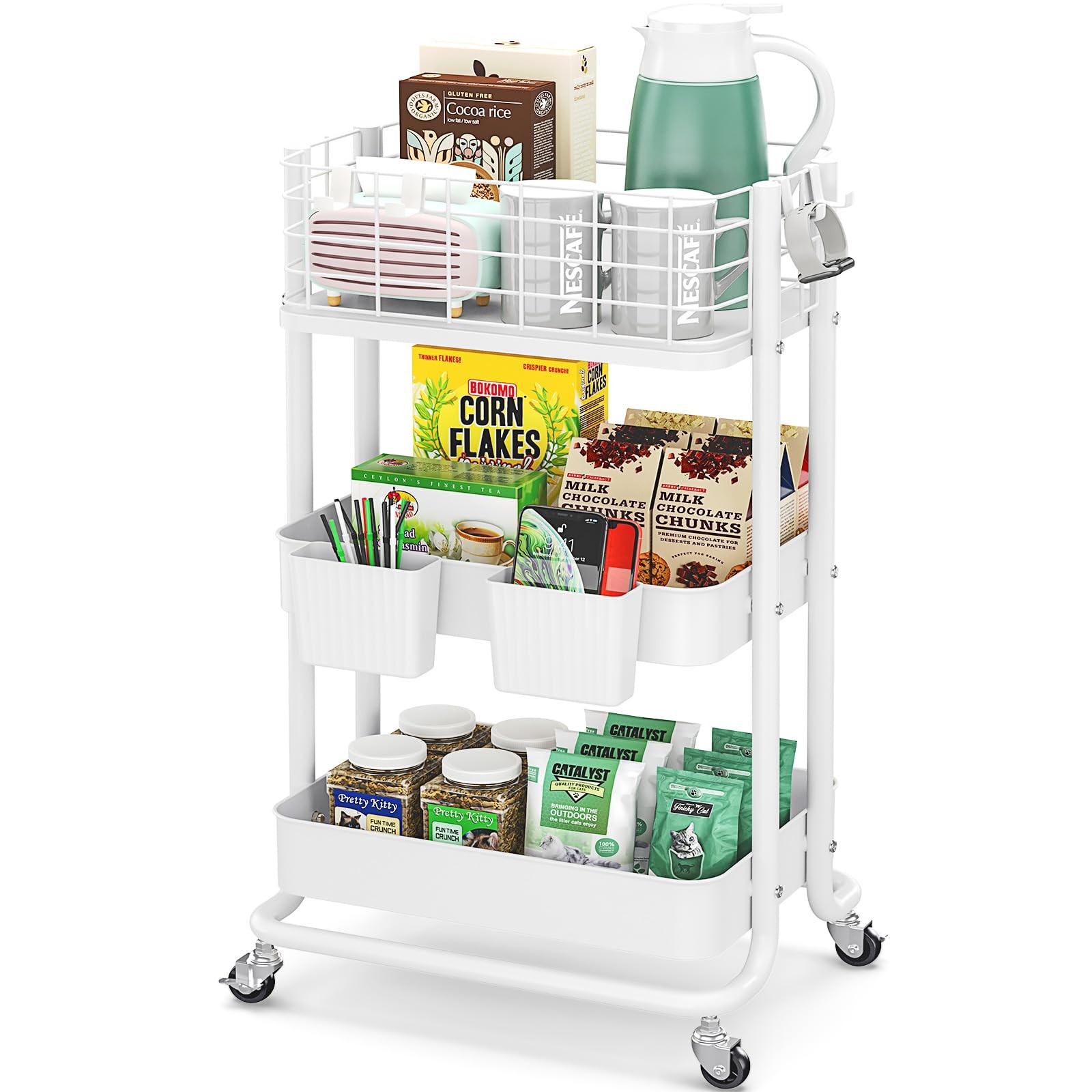 3 Tier Rolling Cart, Metal Mobile Storage Shelf with Lockable Wheels, Prevent...