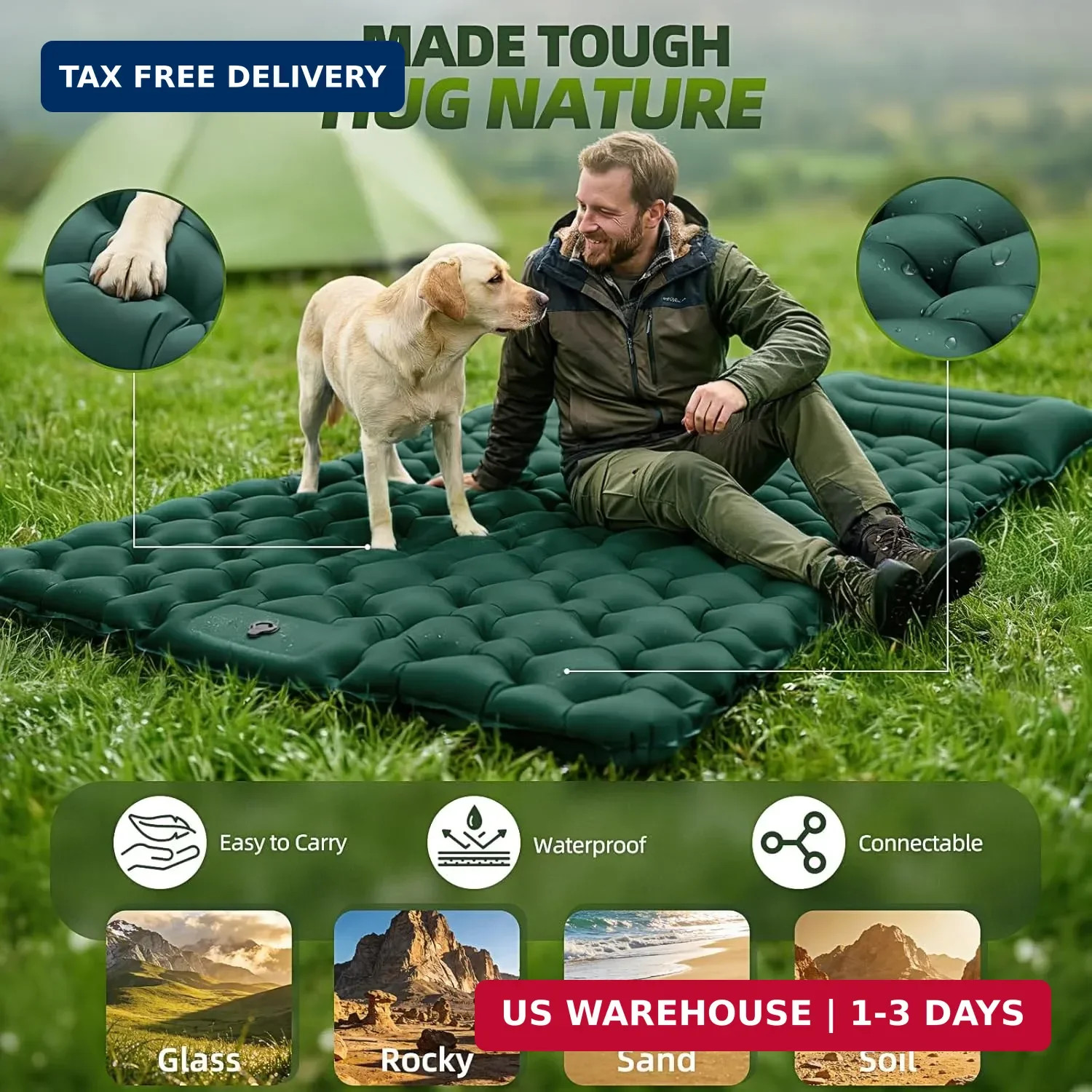 Double Camping Sleeping Pad, 4" Extra Thick 2 Person Inflatable Sleeping Pad