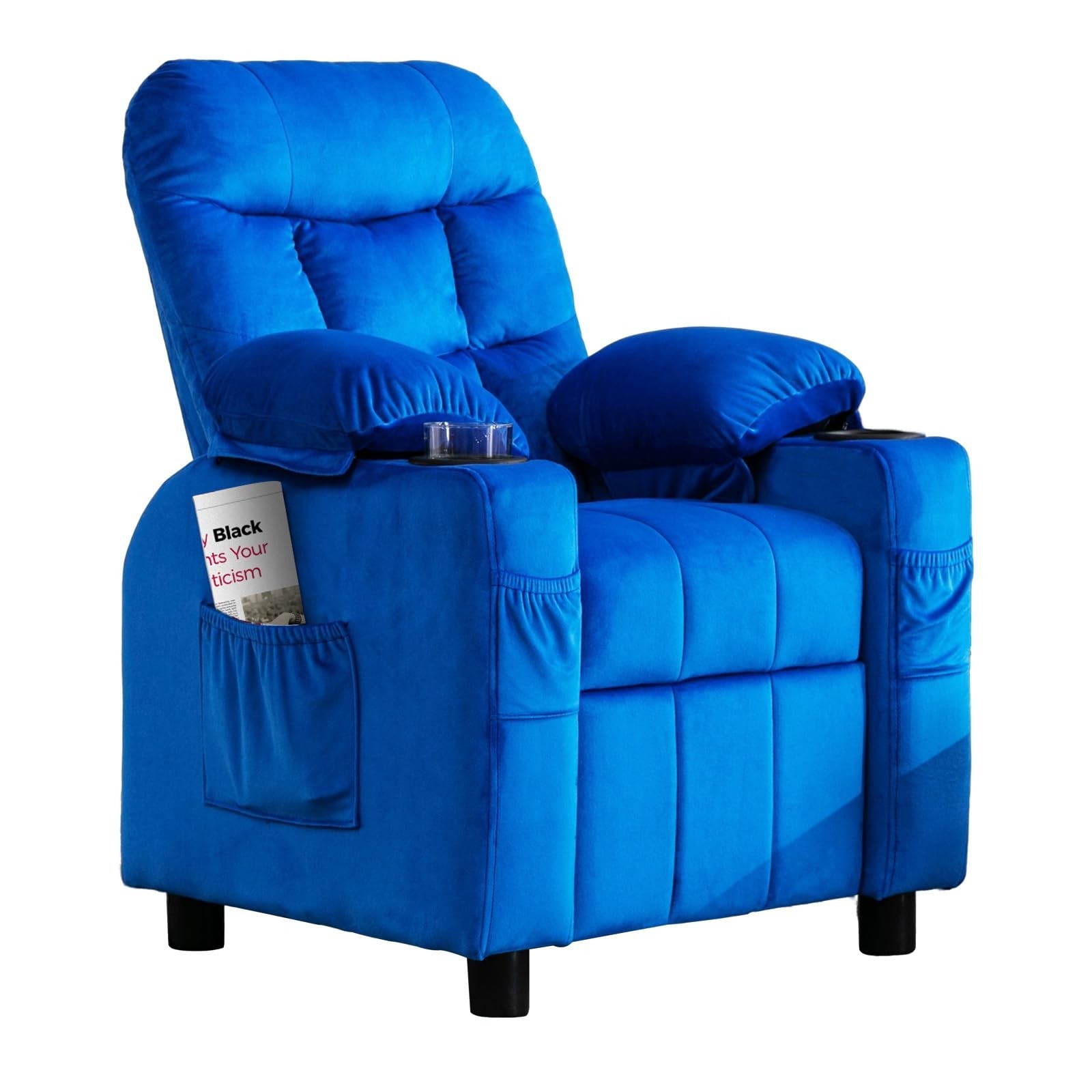 Kids Youth Recliner Chair Adjustabl Velvet Fabric Sofa w/Cup Holder &Side Pocket