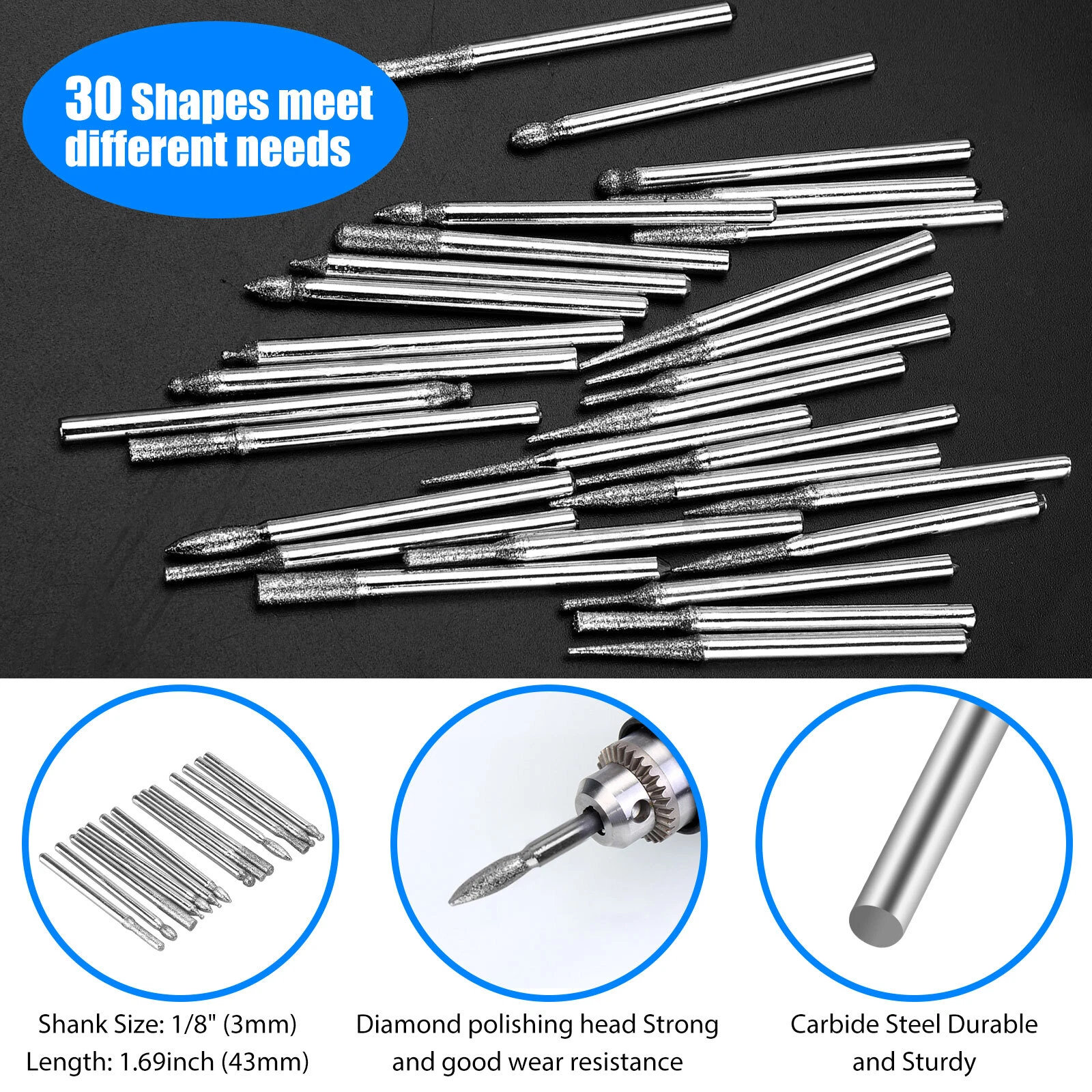 90Pcs 1/8" Diamond Burr Bits Drill Set Rotary Multi Tool Accessories For Dremel