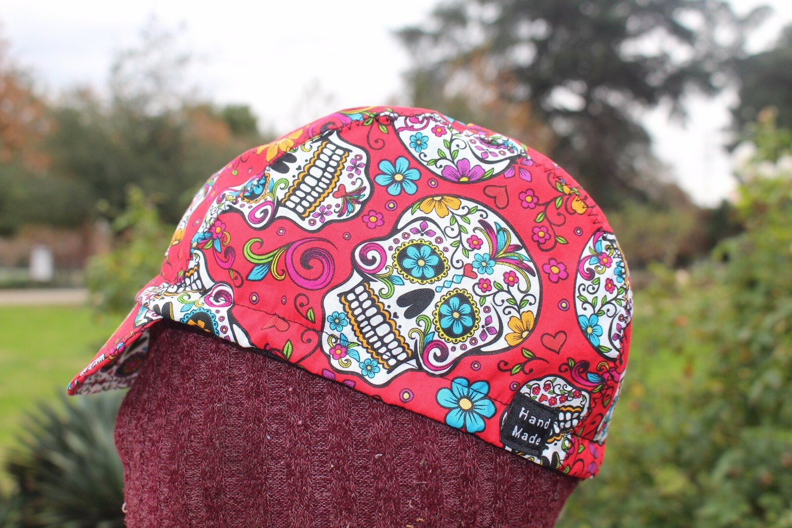 Cycling cap sugar skull color red one size or any size HANDMADE