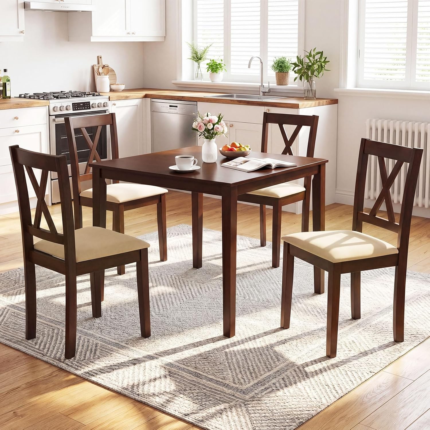 Dining Table for 4, 35.5" Square Kitchen Table with Solid Rubber Wood Legs,