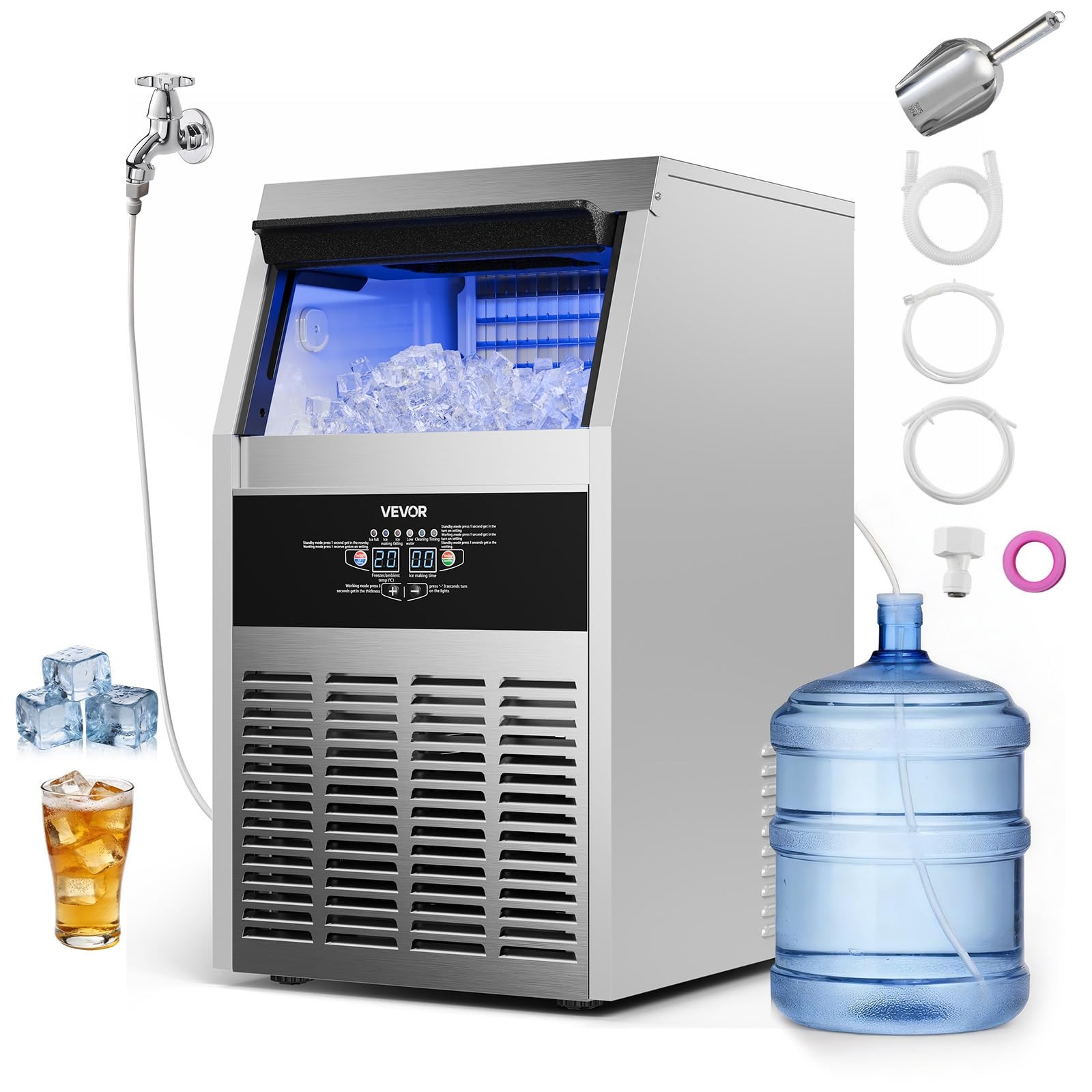 VEVOR Commercial Ice Maker Machine, 150 150Lbs/24H/Dual Water Inlet, Silver