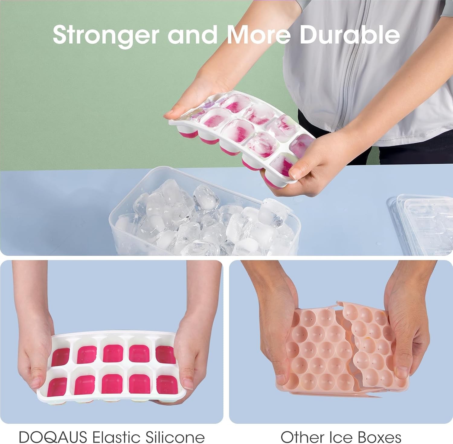 Silicone Ice Cube Trays 4 Pack with Lid Bin Scoop, Stackable Easy Release