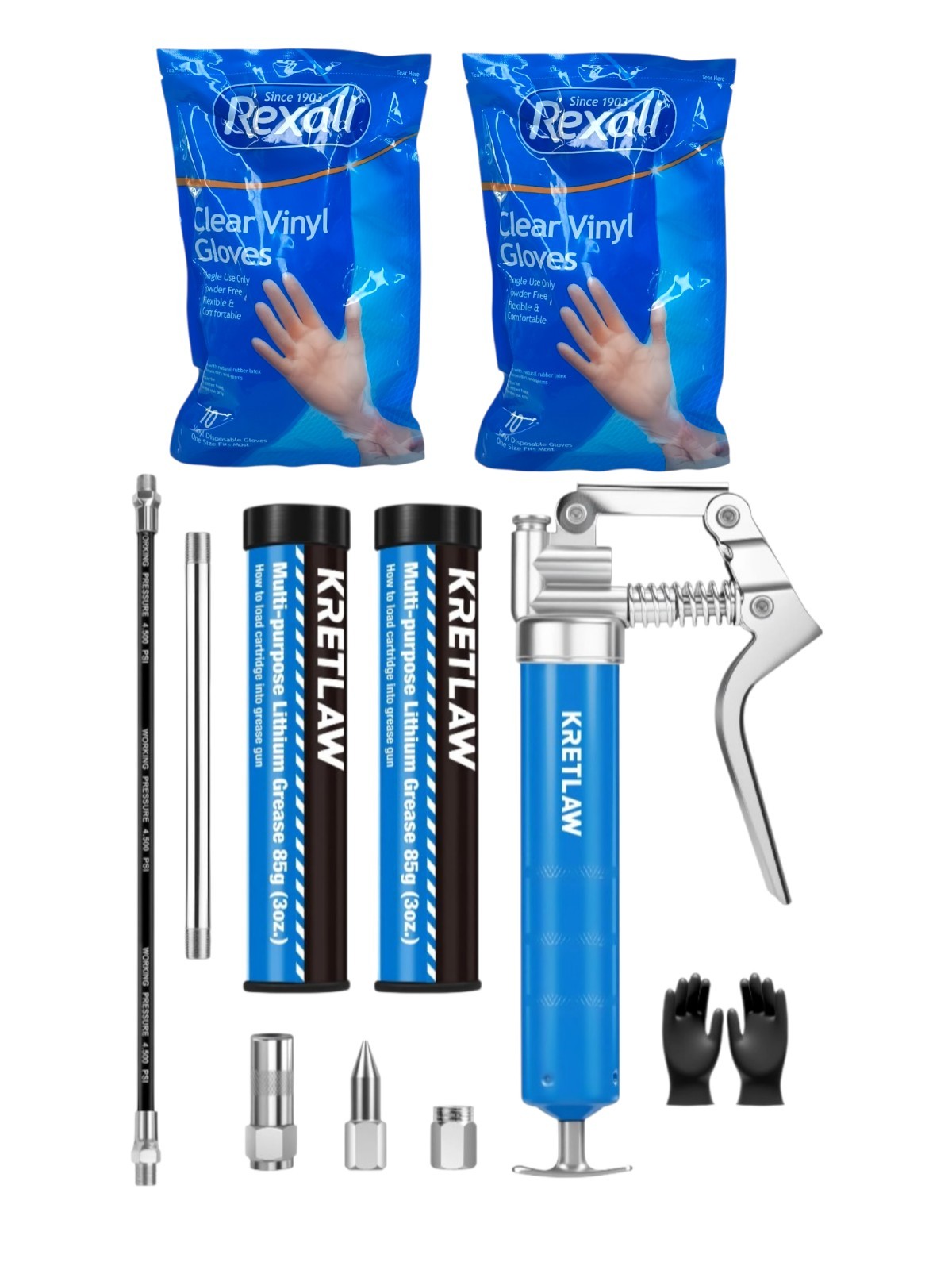 Mini Grease Gun (3000PSI)+2 Grease Cartridge & 12'' Flex Hose +2 Pk Vinyl Gloves