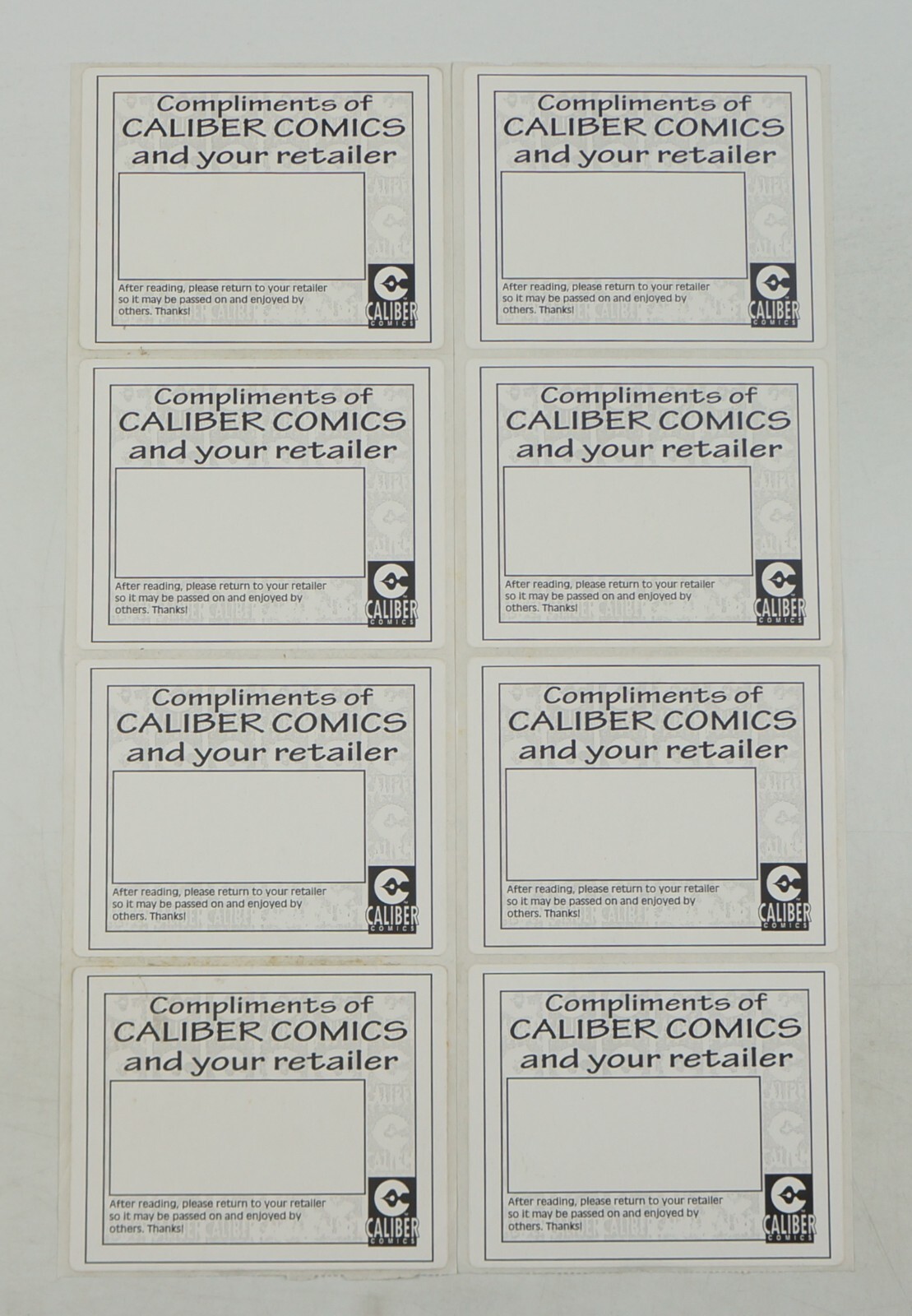 Caliber Comics read & return stickers - Compliments of Caliber & your retailer
