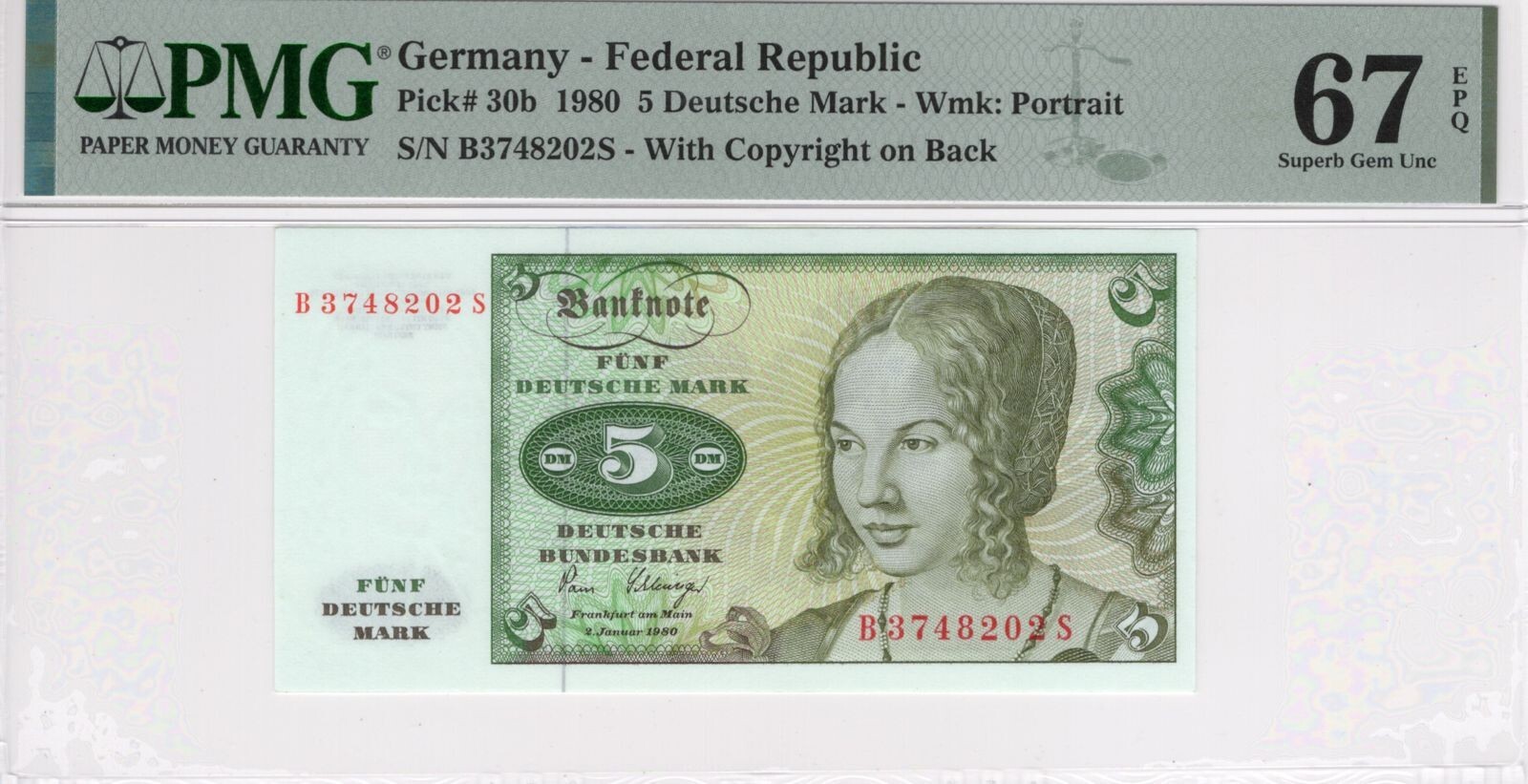 Germany 1980 5 Deutsche Mark PMG 67 EPQ Superb Gem Unc P#30b Portrait Watermark
