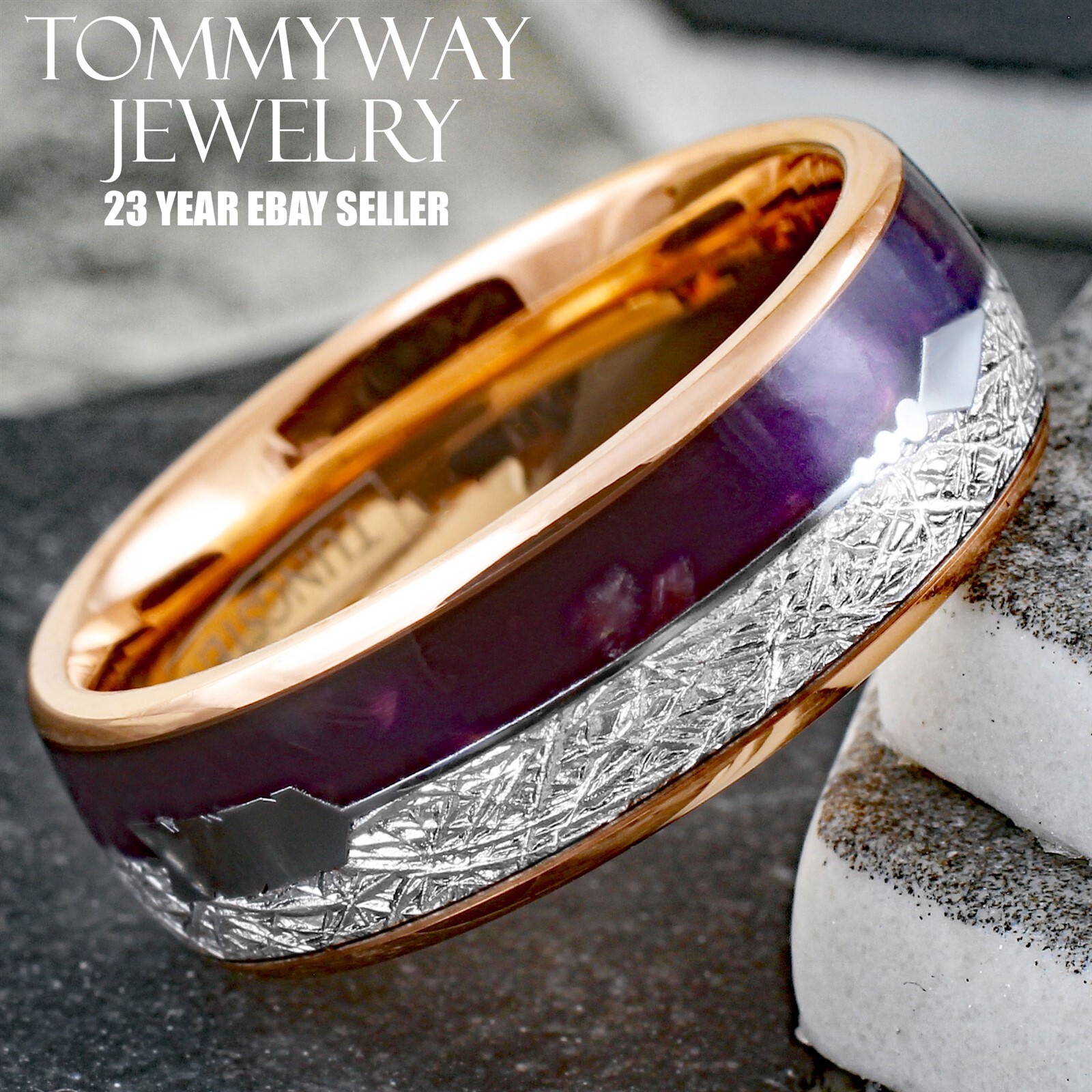 Rose Gold Plated Tungsten Men's Ring Purple Lapis & Faux Meteorite Wedding Band