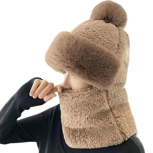 One Piece Windproof Scarf Hat,3 in 1 Winter Plush Collar Hat Ear 18 Years Brown