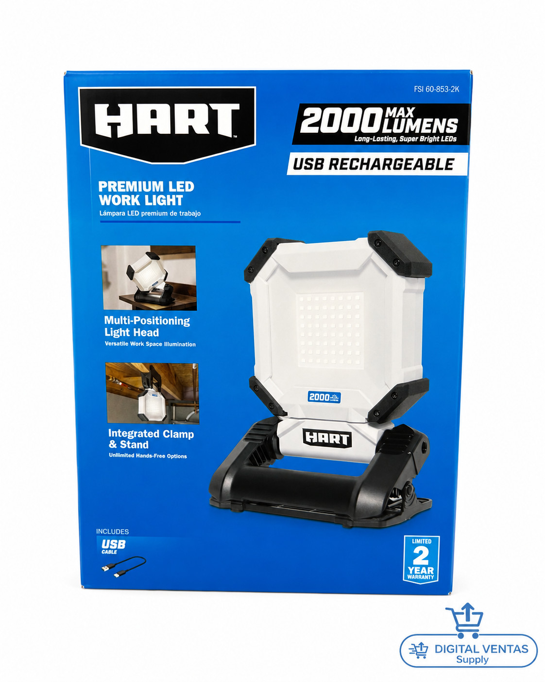 HART 2000 Lumen USB Rechargeable Premium LED Work Light Clamp & Stand