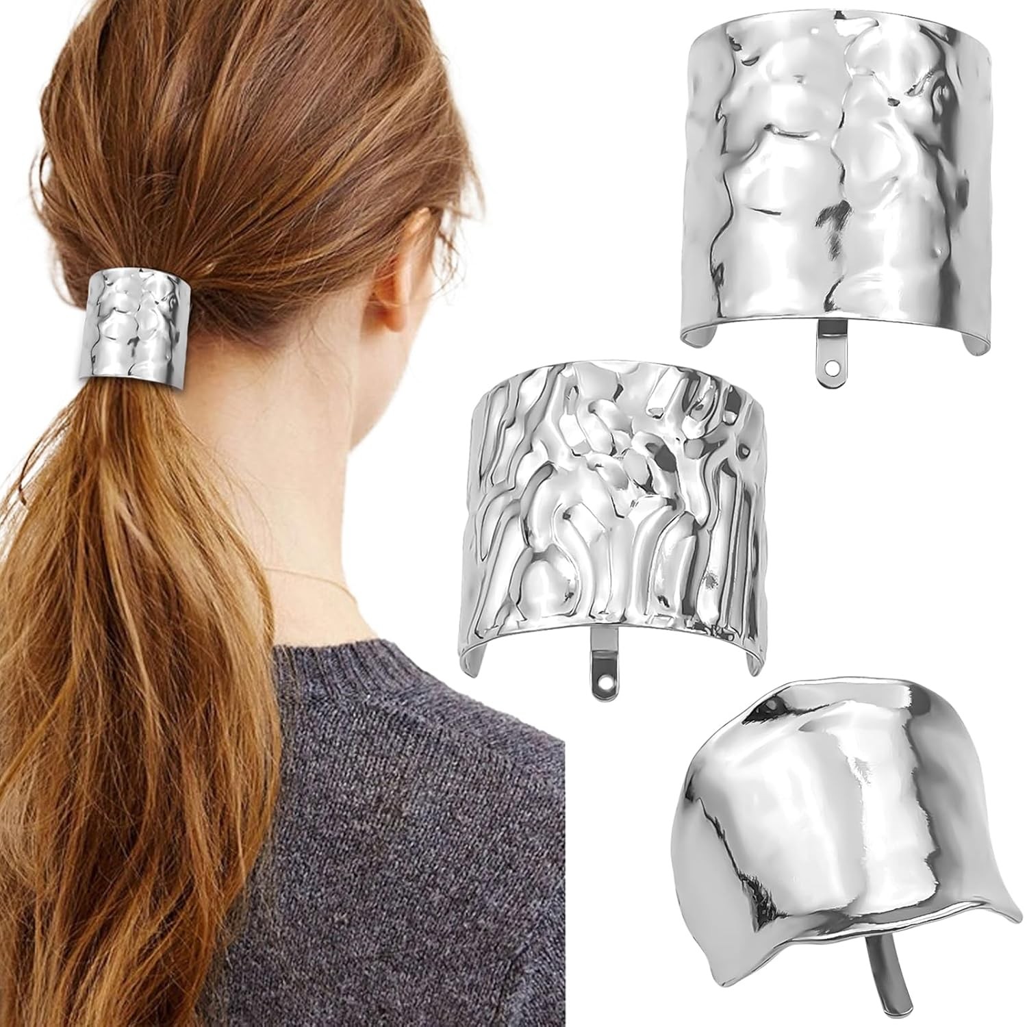 3 Pcs Metal Hair Cuffs with Decorative Rings - Lava High Buckle Silver
