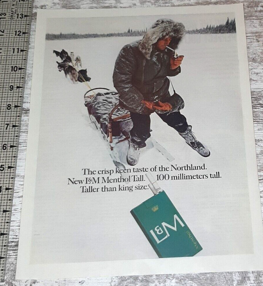 1967 L&M Menthol Tall Vintage Print Ad Cigarettes Frozen Wilderness Sled Dogs
