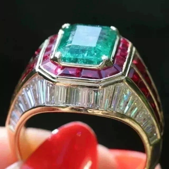 3.12Ct VVS1 Lab-Created Emerald & Ruby Men's Anniversary 14K Yellow Gold FN Ring