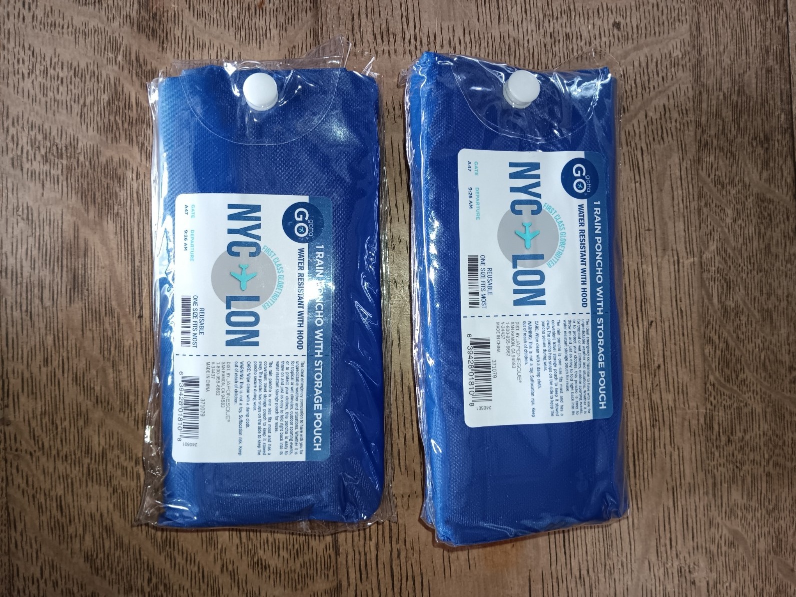Blue Rain Poncho W/Hood Water Resistant Travel Reusable Lot of 2 NIP