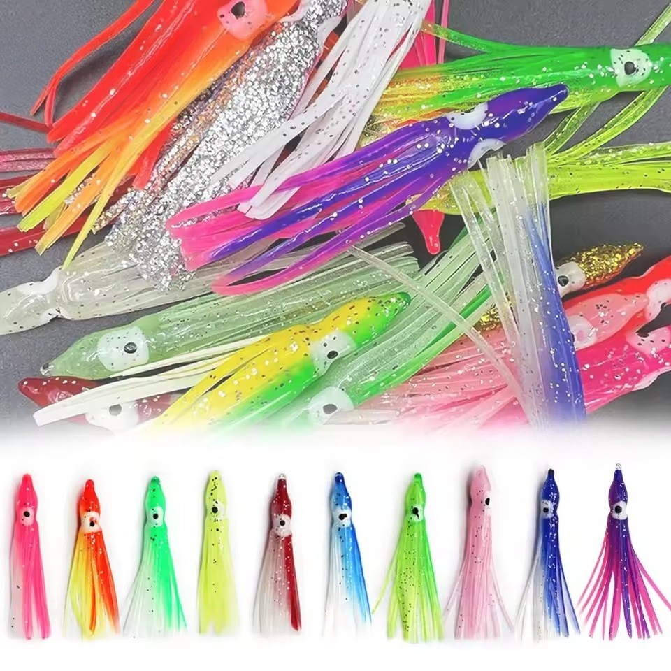 50PCS Luminous Octopus Squid Skirt Glow Soft Lure Hoochies Bait Fishing Lure Kit