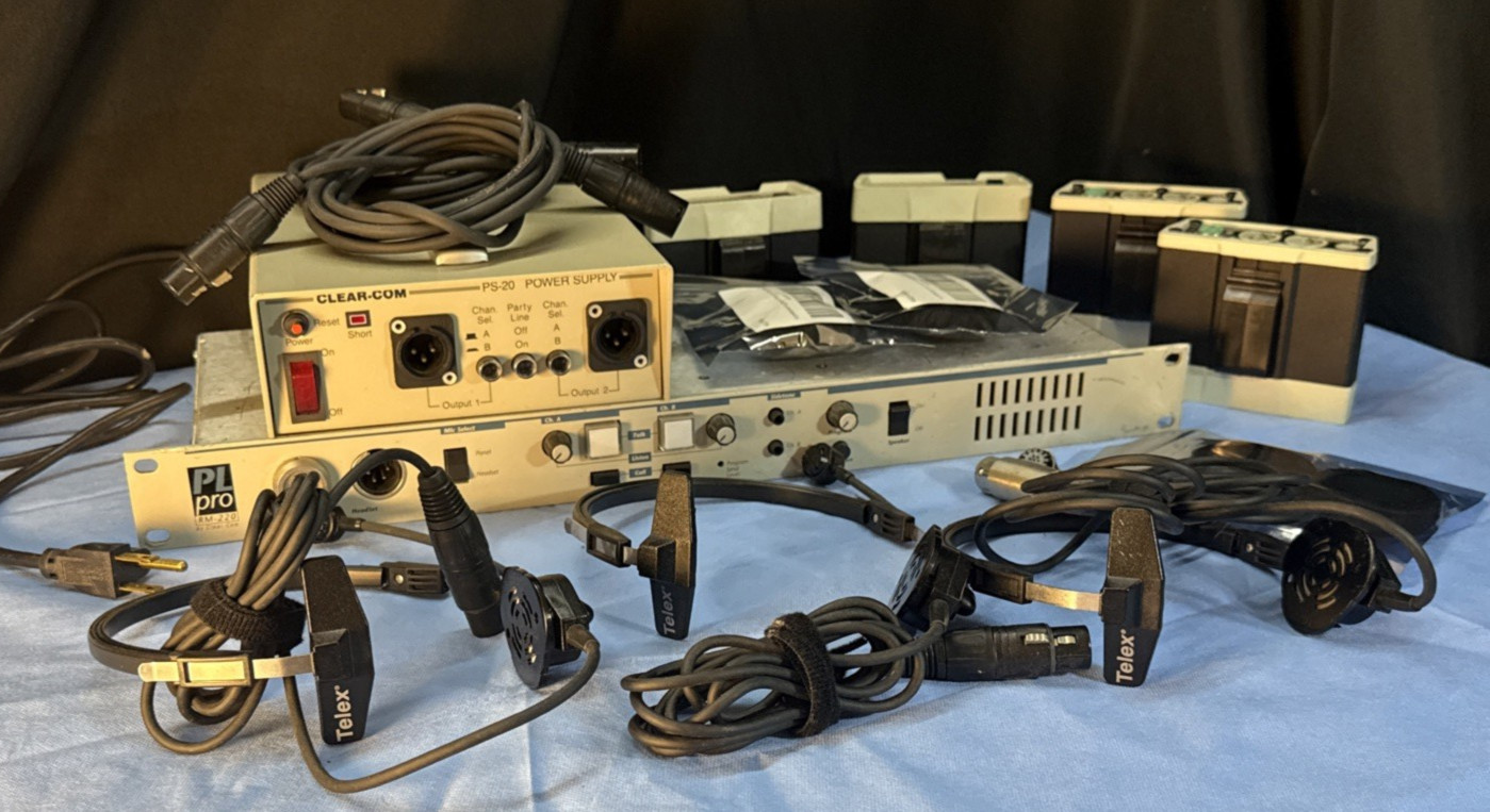 CLEAR COMM BASE STATION  TELEX HEADSETS AND CLEAR COMM BELT PACKS LOT USED