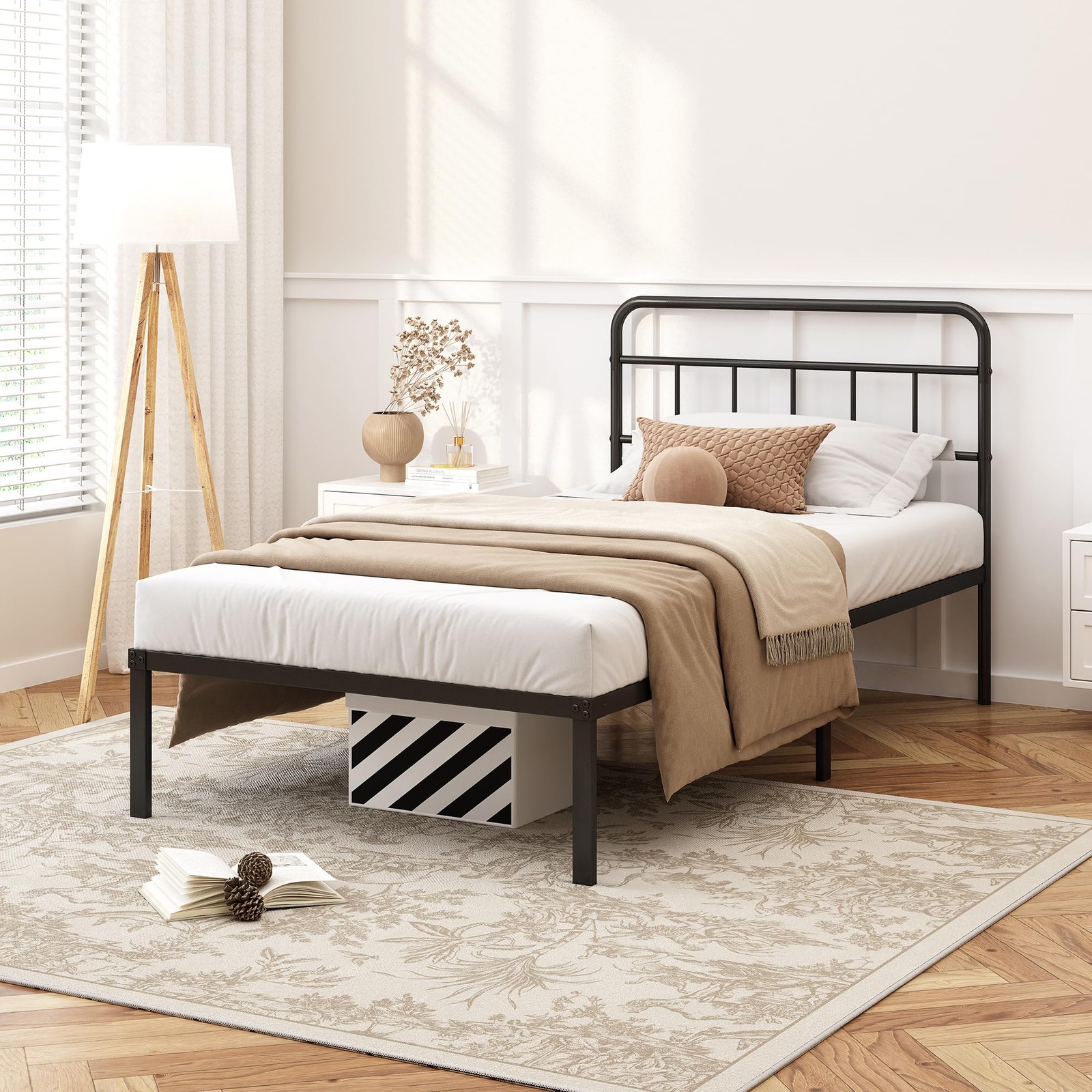 Twin Size Metal Bed Frame with Headboard, Platform Base, Black